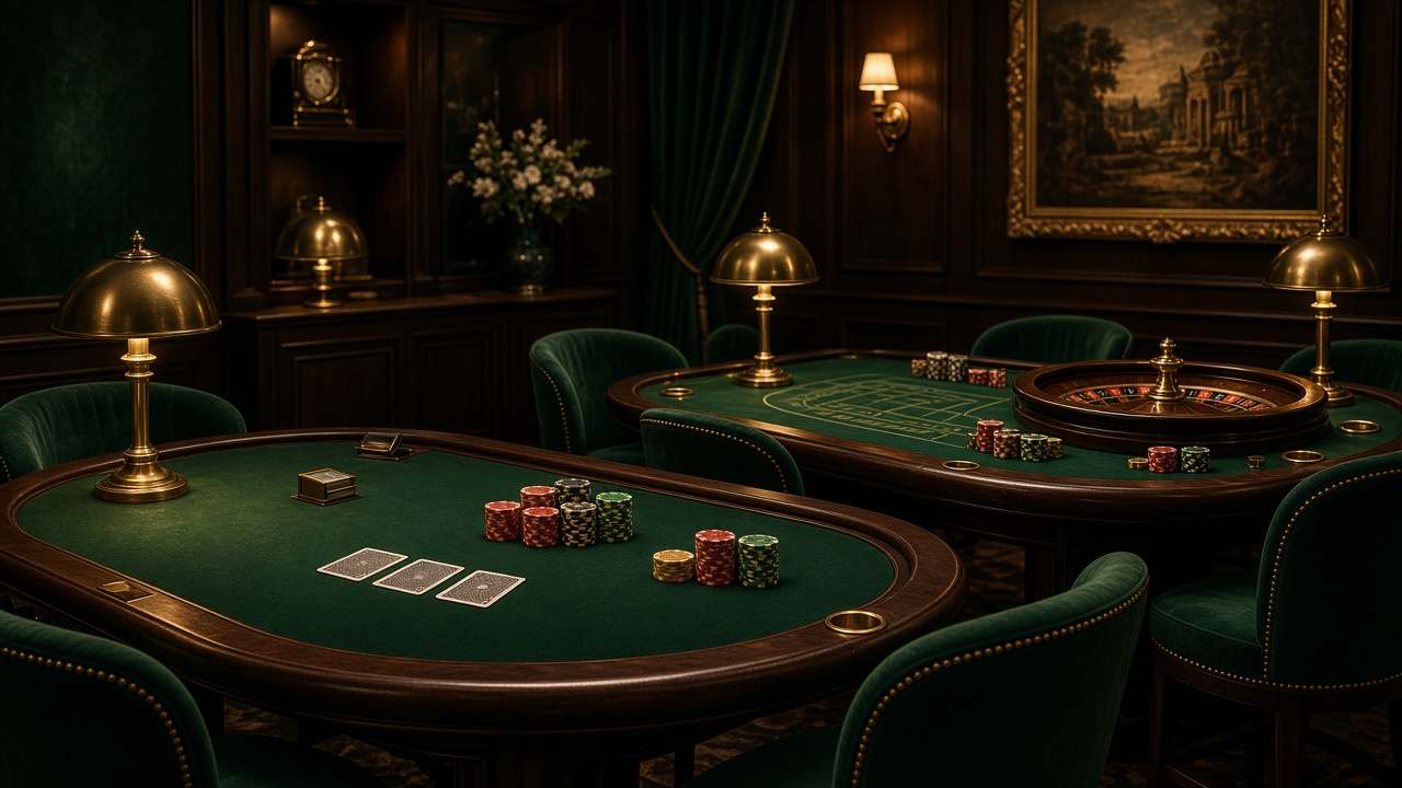 Salon avec tables de blackjack et roulette sur tapis vert