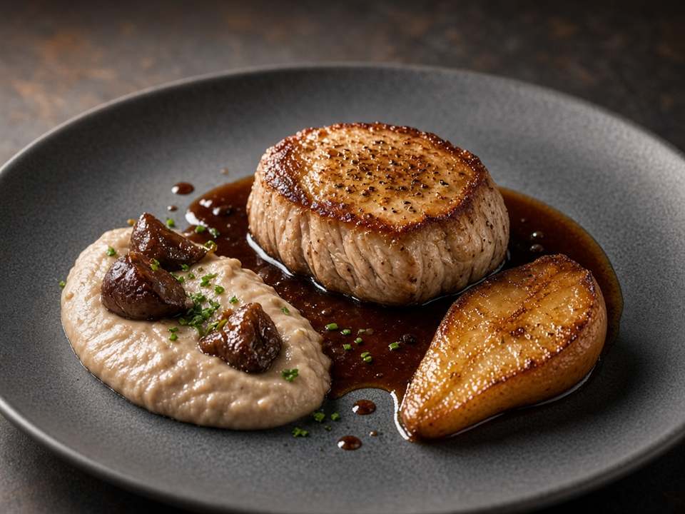 Veau, purée de châtaigne et poire rôtie